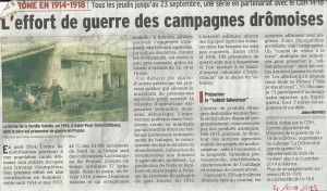Effort de guerre dans les campagnes drômoise, dauphiné libéré du 04/09/2014